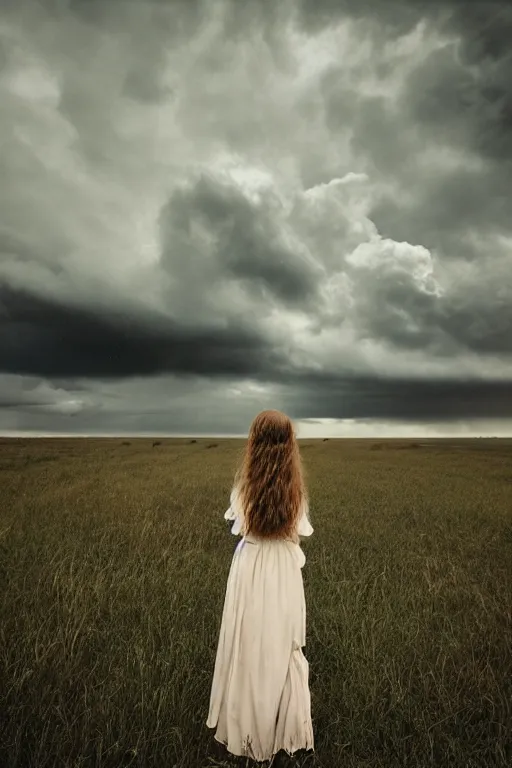 Image similar to kodak ultramax 4 0 0 photograph of a girl with long hair standing in a field, stormy clouds, wicked clouds, big clouds, back view, grain, faded effect, vintage aesthetic,