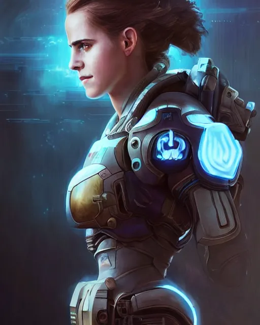 Image similar to portrait, emma watson in starcraft ii, sci - fi, futuristic armor with blue neon lights, space marine, dramatic lighting, highly detailed, digital painting, 3 d render, hyper realistic detailed portrait, greg rutkowski, wlop, ruan jia, peter mohrbacher