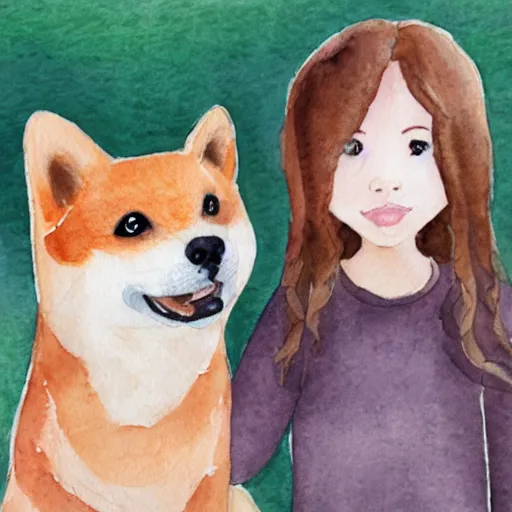 Prompt: a watercolor illustration of a girl with light brown hair, hazel eyes and freckles accompanied by a shiba inu