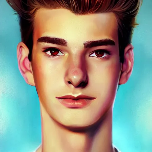 Prompt: colorful Captivating teenage boy with brown blond short quiff hair and facial structure like andrew garfield, brown eyes with red eye markers, slim body, wearing a detailed Japanese kimono with golden details, atmospheric lighting, painted, intricate, 4k, highly detailed by Charlie Bowater