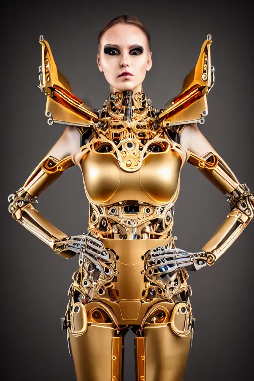 Image similar to beautifull cyberpunk woman model, wearing organic biomechanical armor, thin gold terdrils, luxury materials, symmetrical, cinematic, elegant, professional studio light, real dlsr photography, sharp focus, 4 k, ultra hd, sense of awe, high fashion