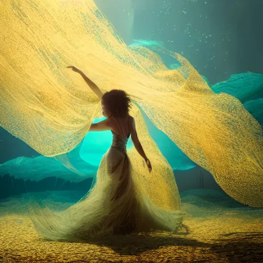 Prompt: woman dancing underwater wearing a long flowing dress made of many translucent layers of gold and silver lace seaweed, bolts of bright yellow fish, delicate coral sea bottom, swirling silver fish, swirling smoke shapes, unreal engine, caustics lighting from above, cinematic, hyperdetailed