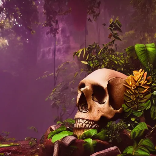 Prompt: Skull and jungle environment, many flowers and one treasure chest by Skull, atmospheric, octane render, 8k, cinematic, hyperrealism, artstation, HDR, cgisociety, smooth, volumetric lighting