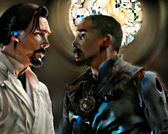 Prompt: still of dr. strange looking at moon knight dressed in his white suit, in avengers movie