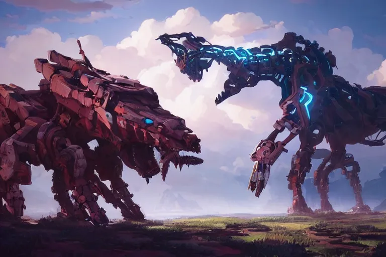 Image similar to grimhorn fanghorn machine mecha animal beast robot of horizon forbidden west horizon zero dawn bioluminiscence, behance hd by jesper ejsing, by rhads, makoto shinkai and lois van baarle, ilya kuvshinov, rossdraws global illumination