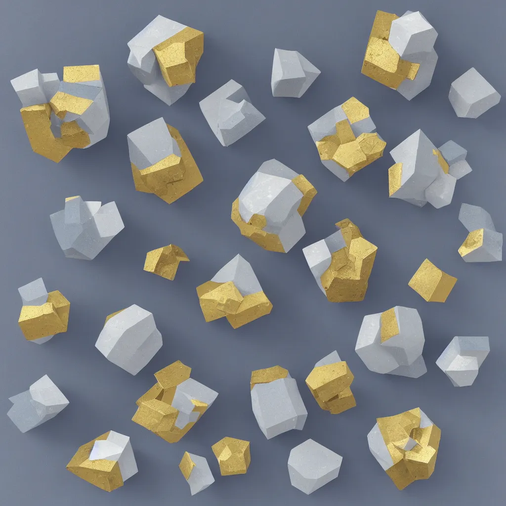 Prompt: 3 dimensional solid large globular geometric 3 d shapes made of solid impasto oil paint, with strong top right lighting creating shadows, each shape has a covering of sparkling golden pyrites cubes, colours cream and blue - grey