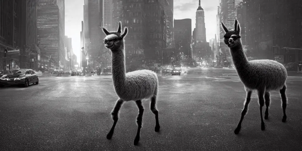 Image similar to a llama walking through a desolate manhattan city street at night, statue of liberty seen in the background, realistic 4 k octane beautifully detailed render, 4 k post - processing, highly detailed, detailed face, intricate complexity, epic composition, magical atmosphere, cinematic lighting, masterpiece, ultra hd