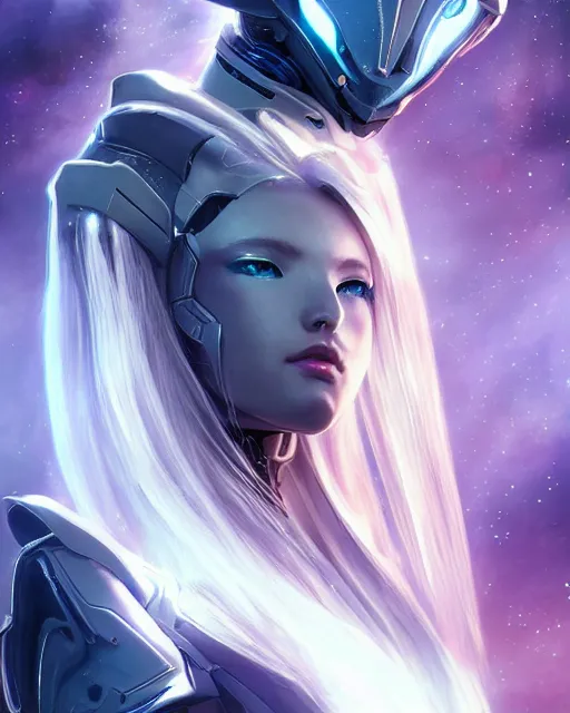 Image similar to perfect android girl on a mothership, warframe armor, beautiful face, scifi, futuristic, galaxy, nebula, bae suzy, dreamy, long white hair!!!, blue cyborg eyes, sharp focus, cinematic lighting, highly detailed, artstation, divine, by gauthier leblanc, kazuya takahashi, huifeng huang