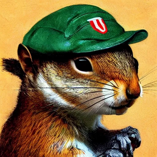 Image similar to portrait painting of a squirrel wearing a ww 2 aviators cap, looking at camera, 8 k, by norman rockwell,