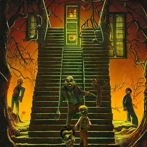 Image similar to goosebumps cover art of zombies on a dark stairway. highly detailed illustration. strong shadows. pulp horror art