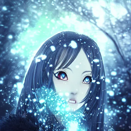 Prompt: focus face portrait of beautiful darkness knight 3D anime girl, ice amor wearing, dark forest background, snowing, bokeh, inspired by Masami Kurumada, digital painting, high contrast, unreal engine render, volumetric lighting, high détail