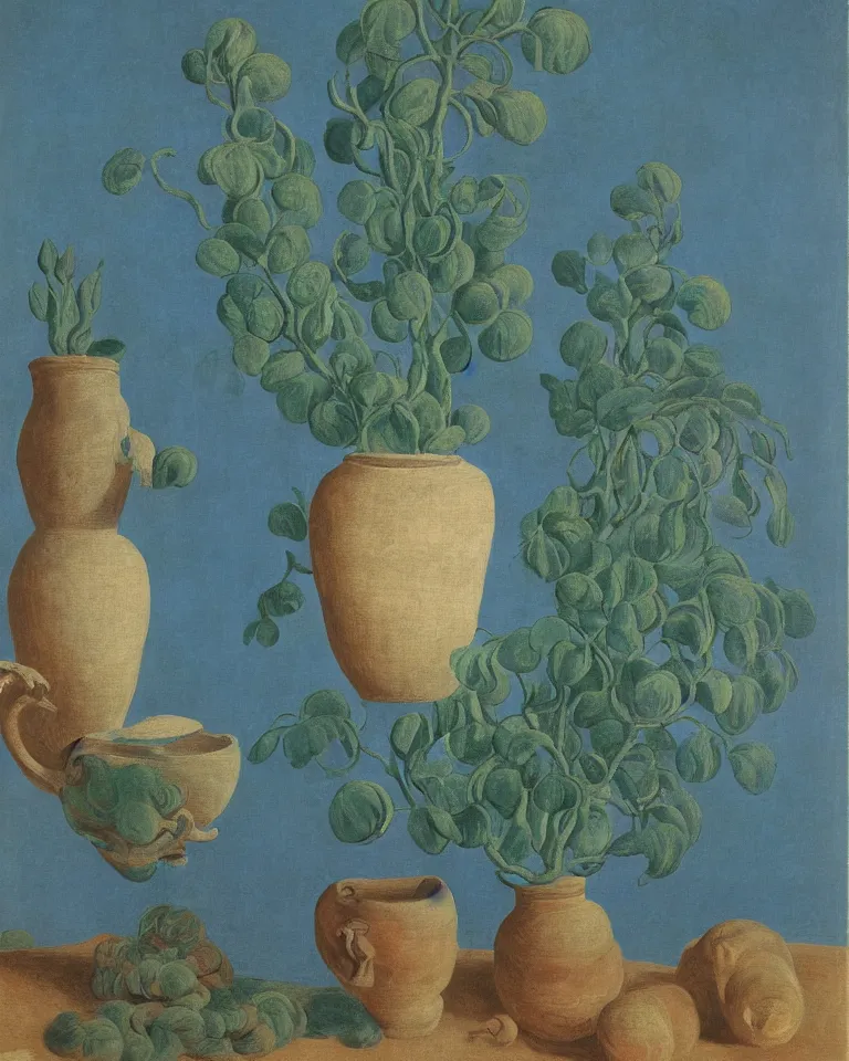 Prompt: print featuring painted ancient greek vase on baby blue background by rene magritte, monet, and turner.