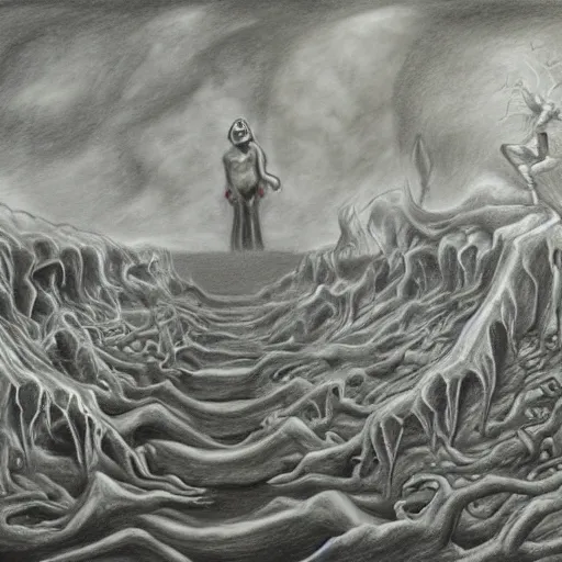 Image similar to surrealism drawing of the end of the world., horror,