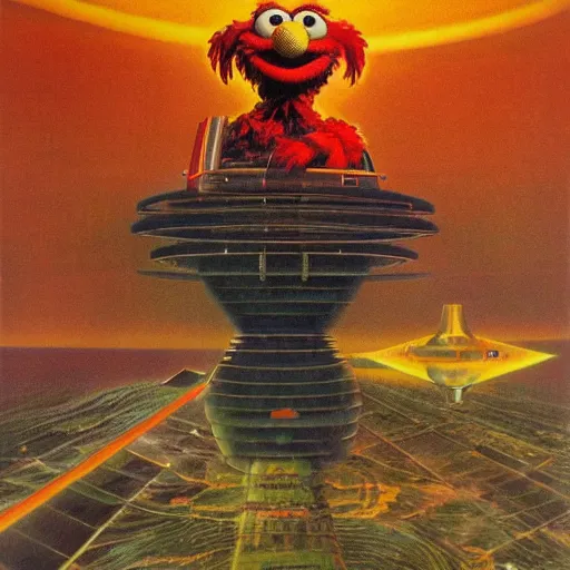 Image similar to elmo in the style of a 7 0 s science fiction novel cover, highly detailed, bruce pennington, peter jones