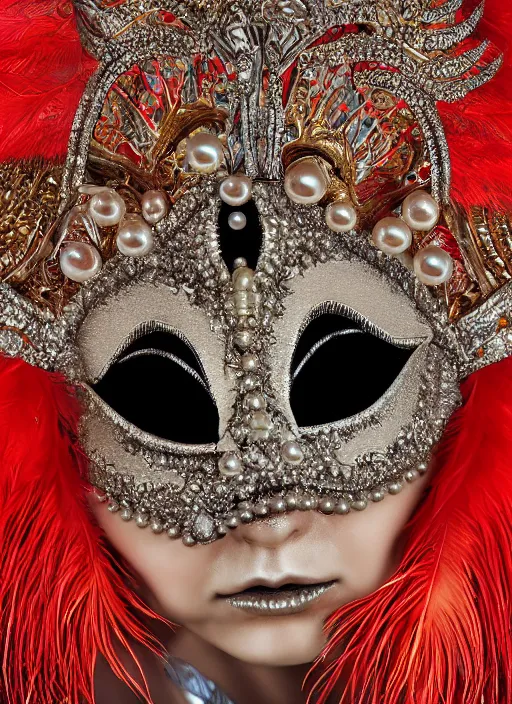 Image similar to hyperrealism, detailed textures, award winning autochrome photo, symetrical japanese pearl, beautiful animal pearl queen, autochrome pearl portrait, pearls, red feathers, silverplate, intricate, detailed facial pearl scary animal mask, pearl, golden jewelery, silverplate, ultra realistic, cinematic, intricate, by steve mccurry, unreal engine 8 k