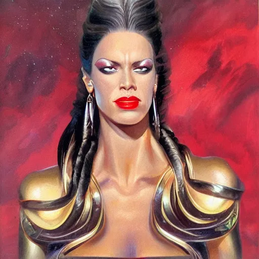 Image similar to detailed oil portrait of tall hyper - muscular shining bronze - skinned warrior woman with silver eyes, full body, with long wavy flowing black hair and big gold earrings, jewelry, red lipstick, makeup, feminine, volumetric lighting, dynamic composition, art by boris vallejo, scifi, concept art