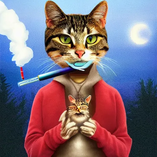 Prompt: an anthropomorphic cat smoking a fat joint, stunning digital art, highly detailed masterpiece