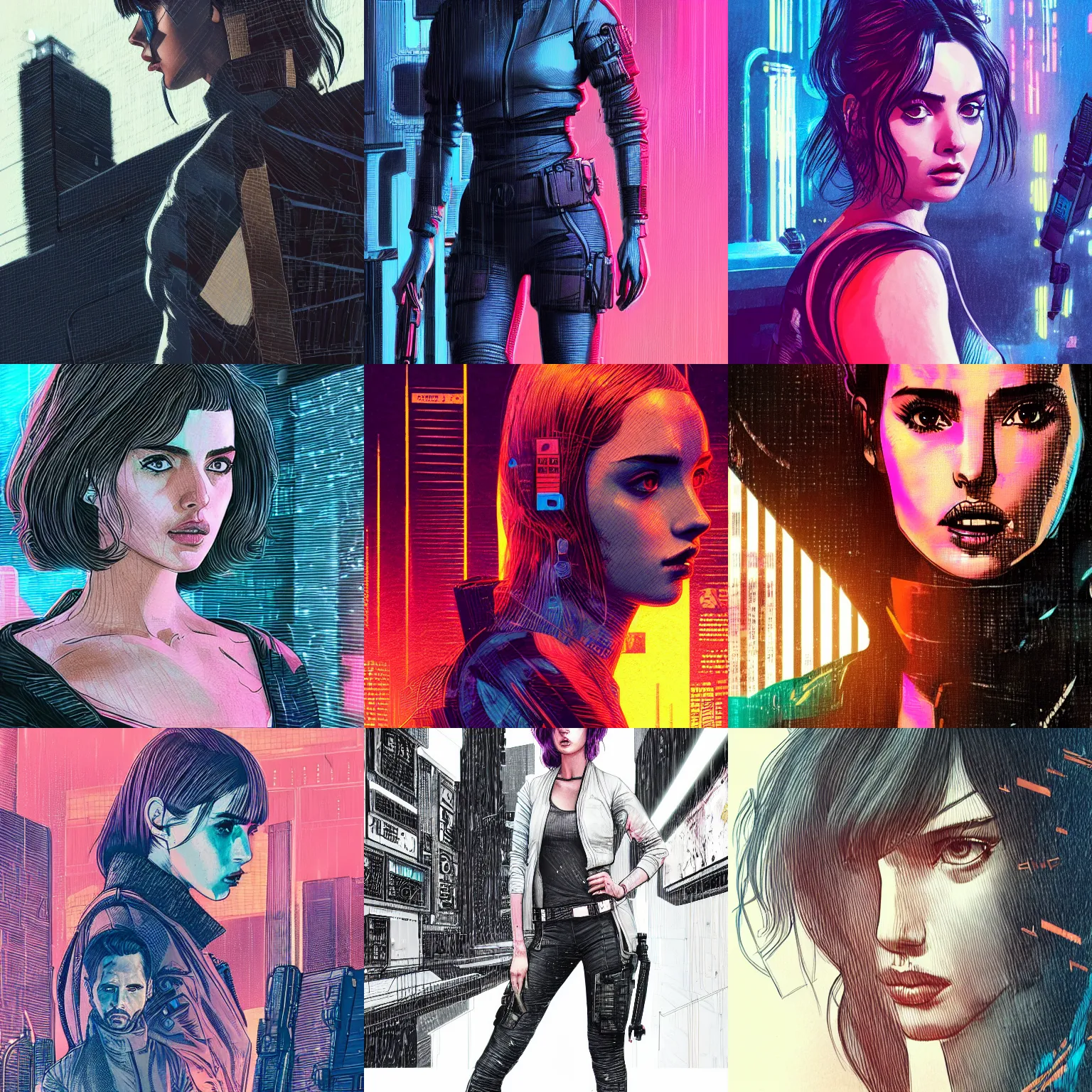 Prompt: detailed closeup drawing of ana de armas in blade runner 2 0 4 9, joi, cyberpunk clothes, tokyo street background, trending on artstation, by josan gonzalez, flat colors