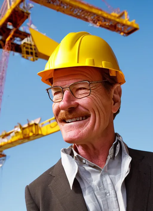 Image similar to closeup portrait of cheerful bryan cranston with a long crane neck, construction, yellow hardhat, sitting in a crane, natural light, bloom, detailed face, magazine, press, photo, steve mccurry, david lazar, canon, nikon, focus