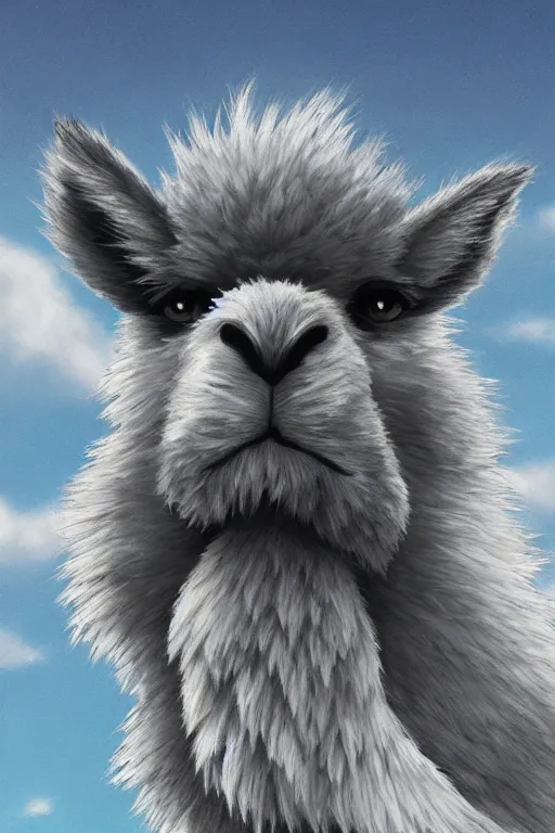 Image similar to Highly detailed anime, wild fluffy llama portrait, studio Ghibli, Makoto Shinkai,