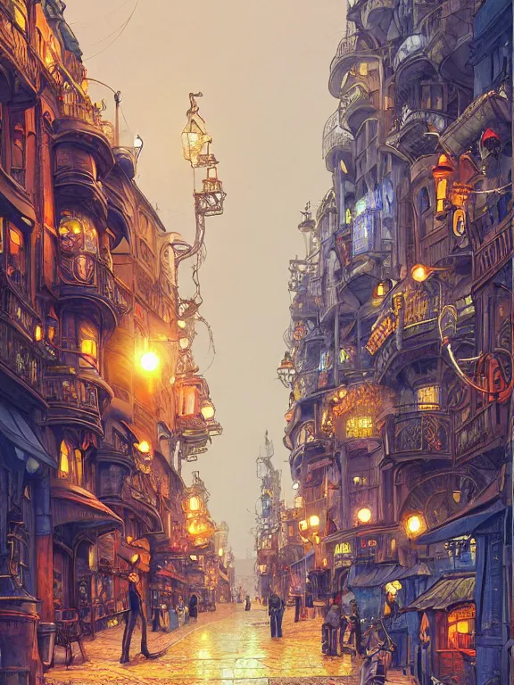 Prompt: insane perspective of colorful street vue from steampunk paris, intricate details, realistic shaded ,, highly detailed, artstation, painting by François Schuiten and moebius, disney fantasy style, people and creatures walking, volumetric light, neon lights, cinematic mood