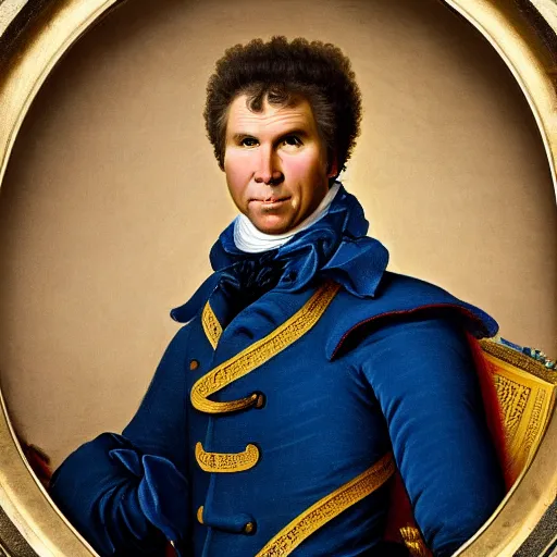 Image similar to A rococo portrait of Will Ferrell in a shining suit of armor, Jacques-Louis David, Réunion des Musées Nationaux, Louvre Catalogue photography