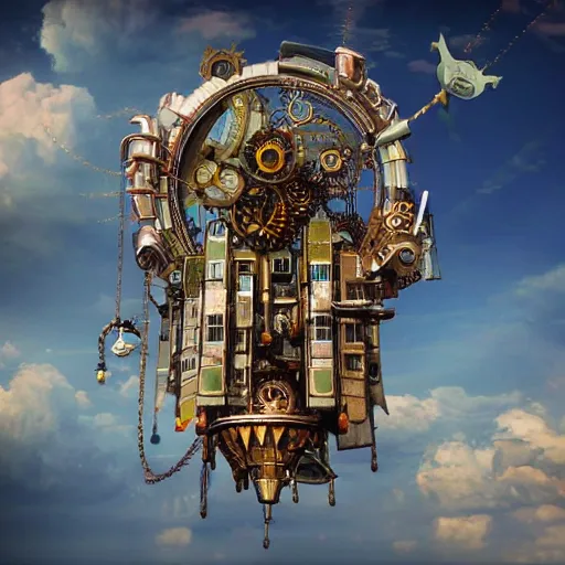 Prompt: flying city in a mechanical flower, sky, fantasy art, steampunk, masterpiece, octane