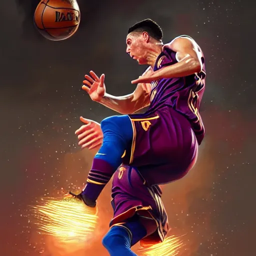 Image similar to Messi dunking on Ronaldo in the NBA, D&D, fantasy, intricate, elegant, highly detailed, digital painting, artstation, concept art, matte, sharp focus, illustration, art by Artgerm and Greg Rutkowski and Alphonse Mucha