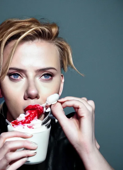 Image similar to scarlett johansson looking at the camera while eating yogurt, she is eating the yogurt too fast and it's on her face. real photo, photoshooting, studio light, black background, intricate, epic lighting, cinematic composition, hyper realistic, 8k resolution, unreal engine 5