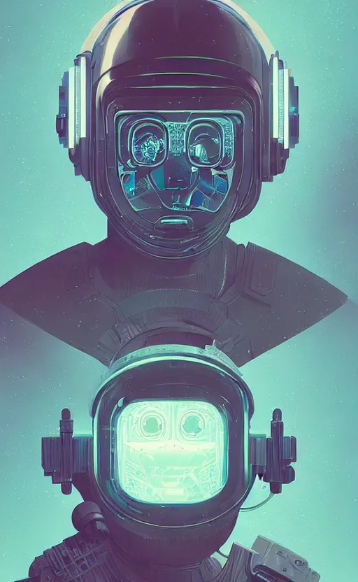 Image similar to portrait of a cyberpunk soldier wearing a futuristic helmet by Petros Afshar and Beeple, James Gilleard, Mark Ryden, Wolfgang Lettl highly detailed