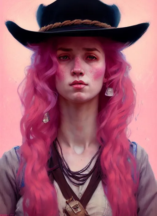 Image similar to female western sherif, beautiful girl, full body, pink hair, in old west, realistic, serov, surikov, vasnetsov, repin, kramskoi, insanely detailed, charlie bowater, tom bagshaw, high resolution, octane rendered, unreal engine, illustration, trending on artstation, masterpiece, 8 k