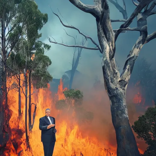 Prompt: Prime Minister Scott Morrison selfie by a bush fire, cinematic, hyper realism, high detail, vivid colors, octane render, unreal engine, 8k