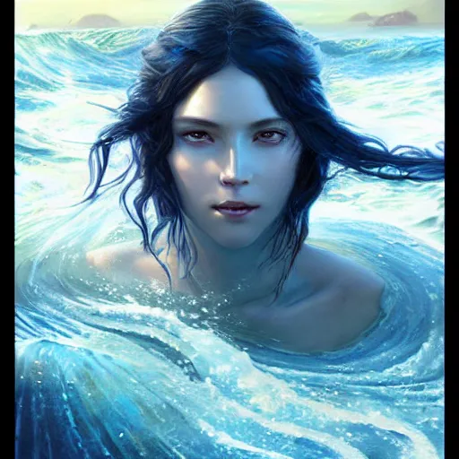 Prompt: beautiful portrait of a mystical long black haired goddess of the sea wearing long blue gold water robes rising up from the deep blue waves, oil painting by Greg Rutkowski and Charlie Bowater and Artgerm, unreal 5, DAZ, beautiful RPG Portrait, trending on artstation, dynamic lighting, misty, ocean, blue theme, afternoon light