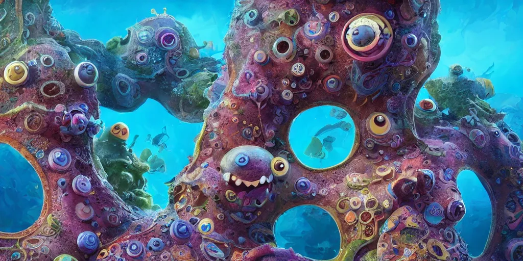 Image similar to of an intricate sea reef with strange cute friendly happy creatures with huge eyes, mouth, long tongue, round teeth and goofy face, appearing from the background, in the style of gehry and gaudi, macro lens, shallow depth of field, ultra detailed, digital painting, trending artstation, concept art, illustration, cinematic lighting, photorealism, epic, octane render