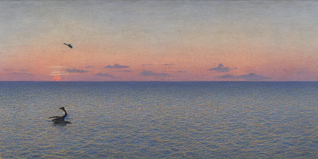 Prompt: rising sun ( ( ( fishing cormorant, fishing boat ) ) ) on the naples bay, by moebius