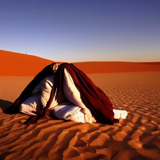 Image similar to a photo of Ghandi sleeping rough in the Sahara during sunrise, perfect lighting