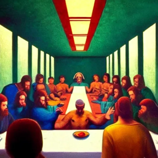 Image similar to a still from a film about modern day people re-enacting the last supper with psychedelics instead of food. Directed by Stanley Kubrick and Wes Anderson, Art directed by Edward Hopper.