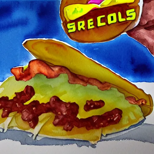 Prompt: a watercolor painting of a taco bell crunchwrap supreme, super high quality