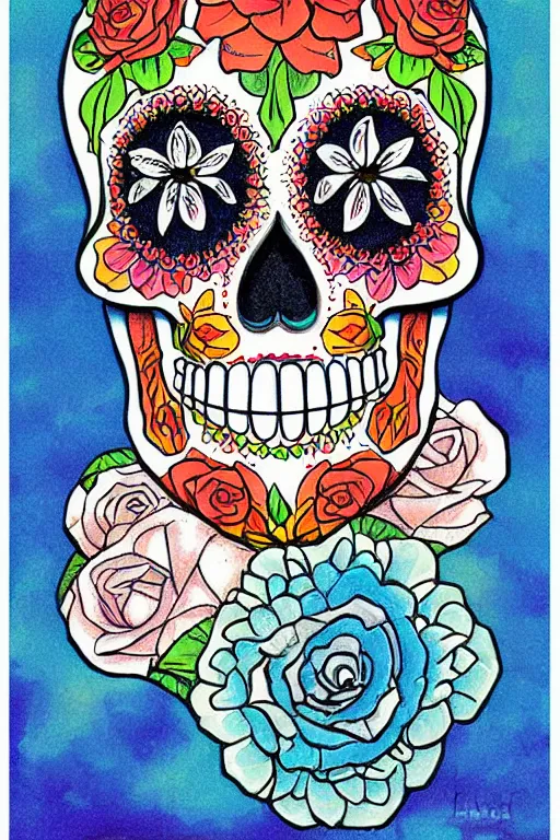 Prompt: illustration of a sugar skull day of the dead girl, art by paul booth