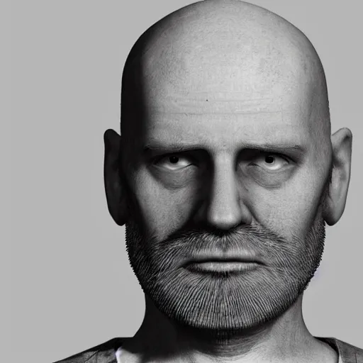 Prompt: A mugshot portrait of a bald old man who looks like Jerma985 with a beard, wearing mid-1980s menswear in the late 2008, taken in the late 2010s, grainy, realistic, hyperrealistic, very realistic, highly detailed, very detailed, extremely detailed, detailed, trending on artstation, front facing, front view, headshot and bodyshot, detailed face, very detailed face