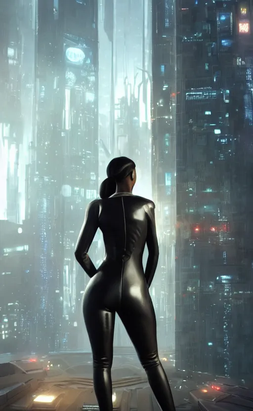 Prompt: a beautiful Black woman wearing a leather catsuit, standing with her back to us, in a futuristic blade runner city, unreal engine, art by Artgerm and greg rutkowski and alphonse mucha, 8K