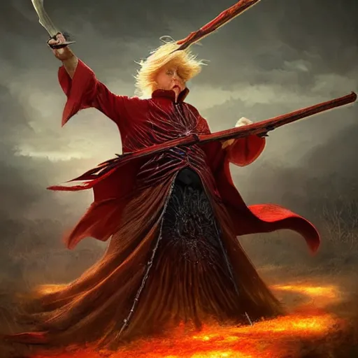 Prompt: an epic portrait of a person looking like donald trump wielding a spear, magical aura of insanity, intricate hakama, poofy red wig, eerie, highly detailed, dark fantasy, art by artgerm and greg rutkowski