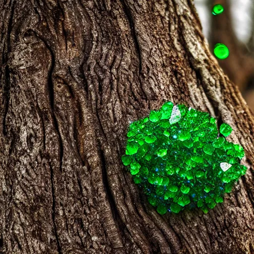 Prompt: green crystals growing out of a tree, complex form, 40nm, shallow depth of field, split lighting, 4k,