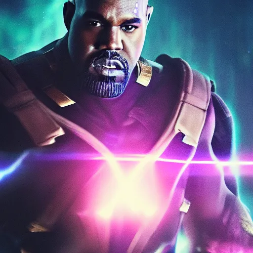 Image similar to Portrait of Kanye West as Thanos, glowing eyes, splash art, movie still, cinematic lighting, dramatic, octane render, long lens, shallow depth of field, bokeh, anamorphic lens flare, 8k, hyper detailed, 35mm film grain