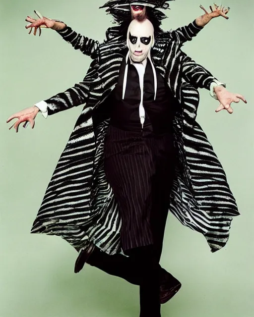 Prompt: photoshoot of michael keaton as beetlejuice, in the style of tim burton, photos by annie leibovitz