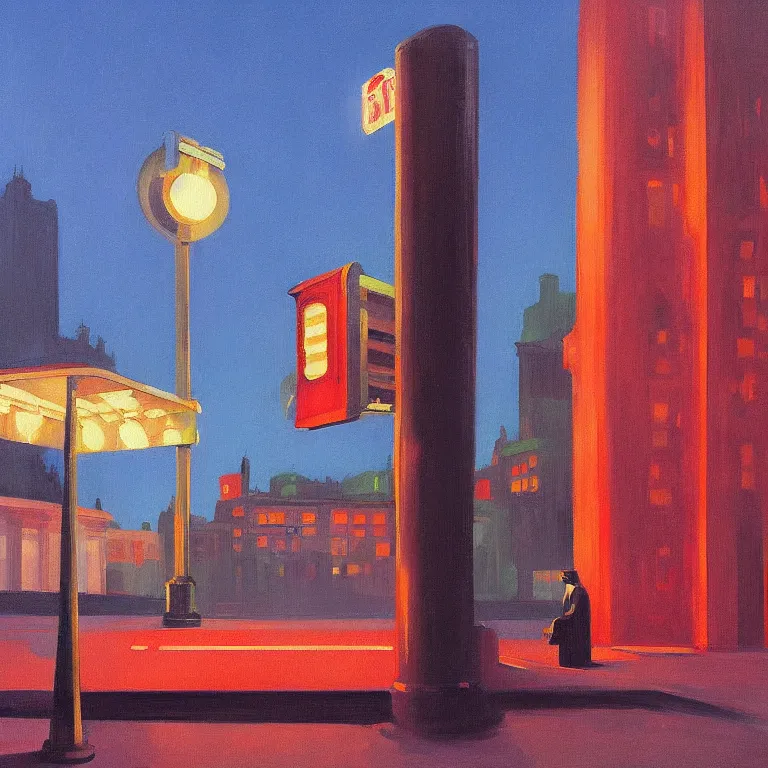 Prompt: dark city bus stop, painted by Edward Hopper and James Gilleard, oil painting