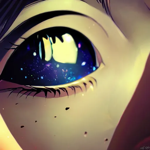 Prompt: a beautiful girl's eyes, vast stars are hidden in the eyes, 8 k, stunning, dream, highly detailed, super macro, surrealist, close - up view, makoto shinkai