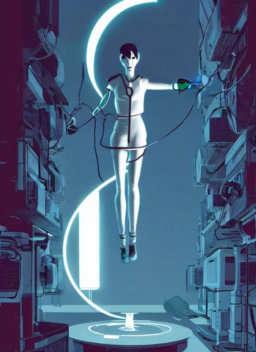 Image similar to poster artwork by Michael Whelan and Tomer Hanuka, of GLADOS from the game Portal 2, from Valve, Aperture Science, clean