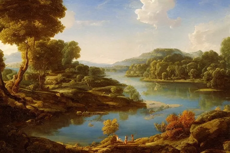 Image similar to beautiful landscape with river and oak trees, mythology, fantasy, landscape background, vivid colors, digital painting, very detailed, realistic, high quality, by claude lorrain