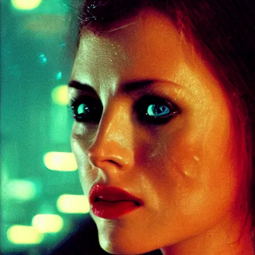 Image similar to close up portrait of rachael tyrell from blade runner at tyrell headquarters photographed by annie leibovitz, cyberpunk, colorful!, nighttime!, raining!